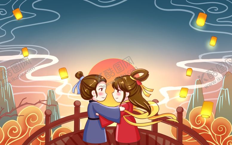 编号：87247409222050132428【酷图网】源文件下载-七夕情侣人物插画合成背景素材