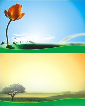 展板背景绿草地蓝色一枝花
