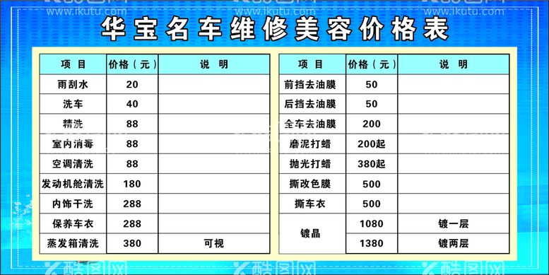 编号：46951512121917301799【酷图网】源文件下载-汽车保养价格表