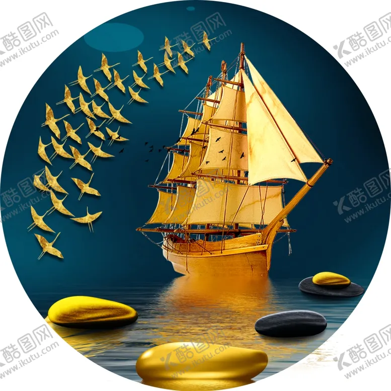 编号：82782712051712356167【酷图网】源文件下载-金色帆船飞鸟艺术挂画装饰画