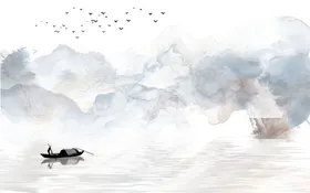 新中式手绘抽象线条山水禅意背景