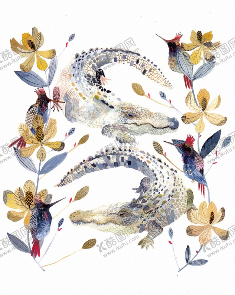 编号：92822310112115192326【酷图网】源文件下载-北欧风格淡色鳄鱼水彩画