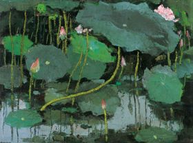 夏日荷花油画