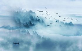 水墨山水小船背景墙