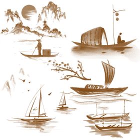 中式古风船只山水图景
