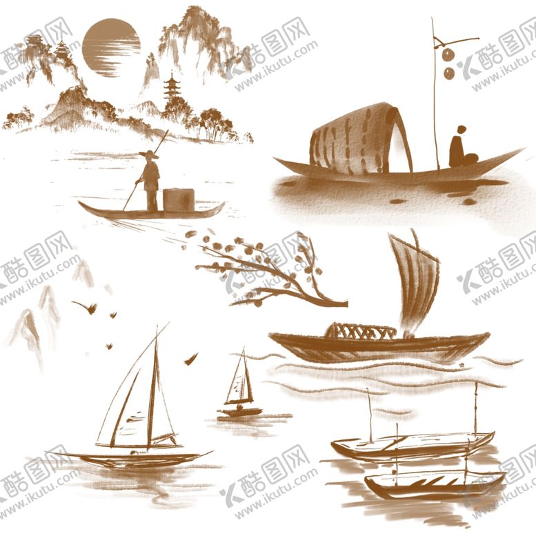 编号：21755904250753534490【酷图网】源文件下载-中式古风船只山水图景