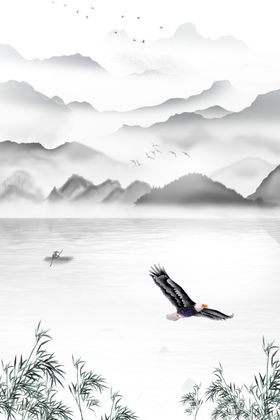 中国风背景手绘花小清新展板森系山水画展板