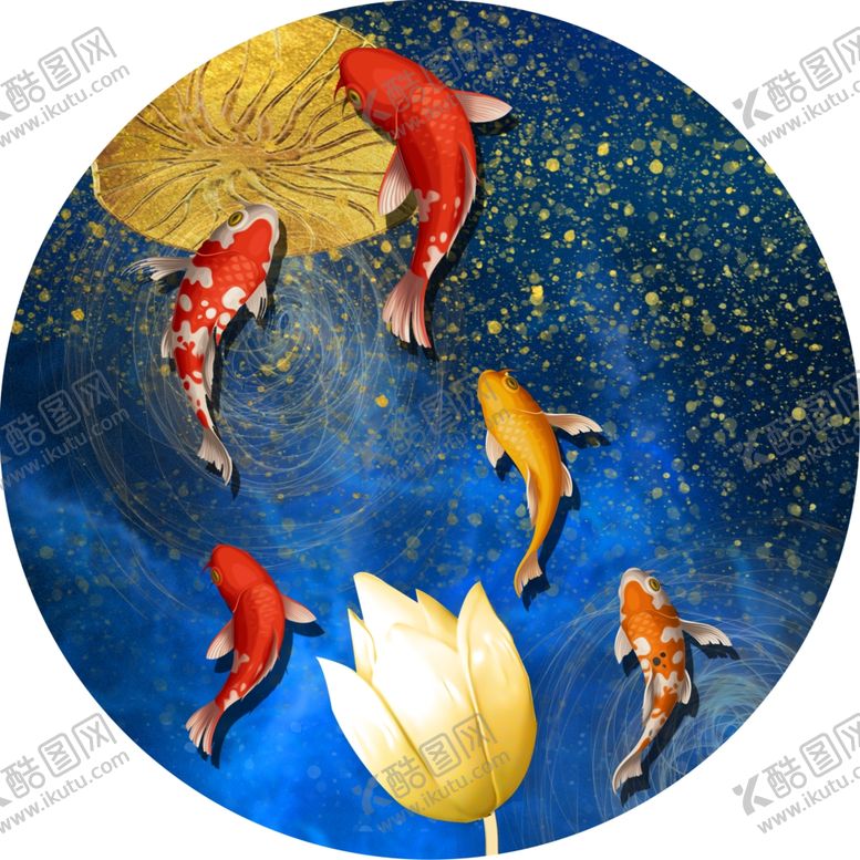 编号：95922011261701295818【酷图网】源文件下载-游鱼水彩莲花圆形挂画装饰画
