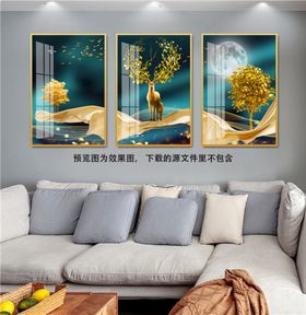 湖畔麋鹿树风景画三联挂画装饰画