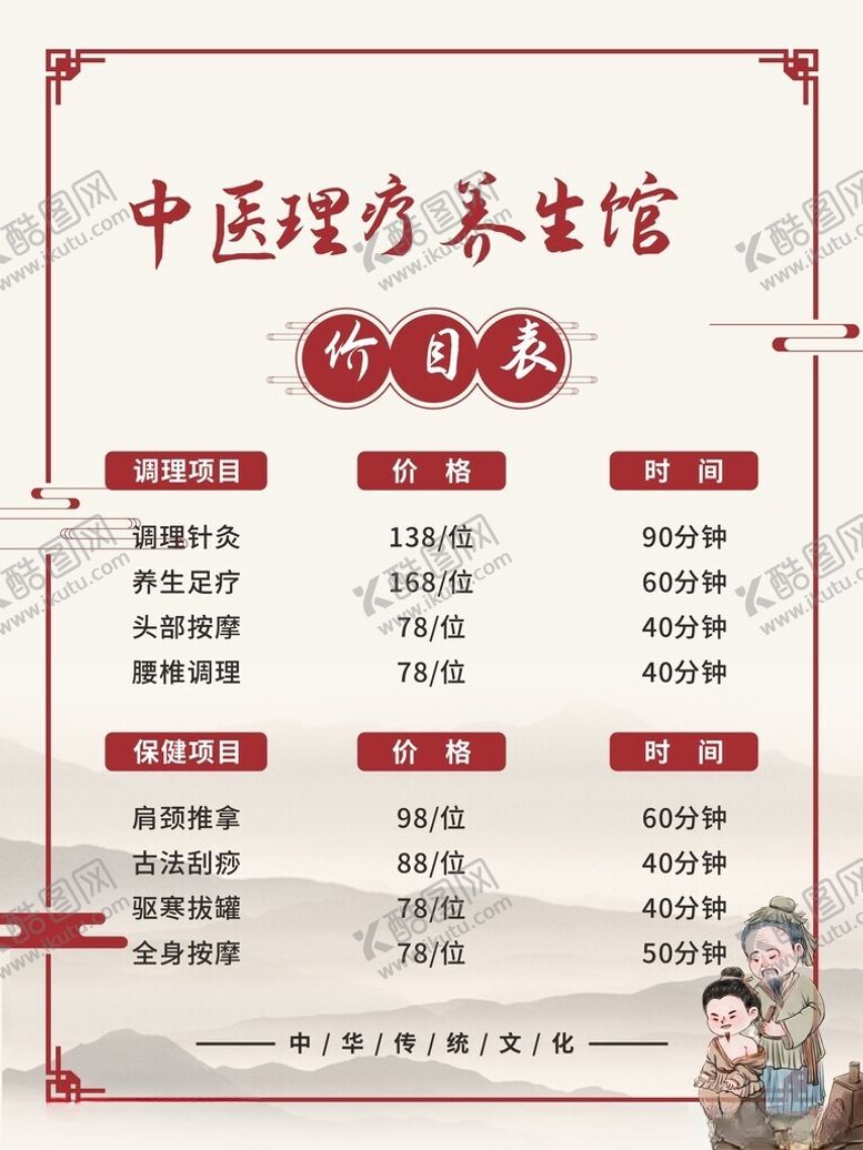 编号：12550504291527322933【酷图网】源文件下载-中医理疗养生价目表