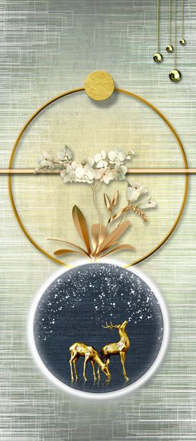 中式风麋鹿花卉装饰图案