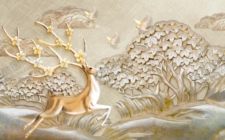 编号：45483306160206598135【酷图网】源文件下载-立体浮雕树小鸟金色小鹿电视背景