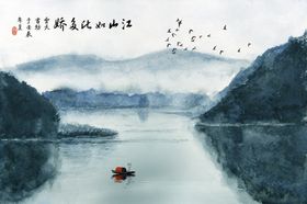 水墨山水简约花鸟背景客厅装饰画新中式墙国壁纸中式风格