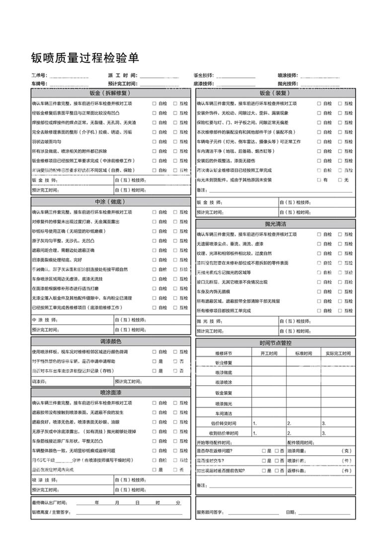 编号：55818910230110594834【酷图网】源文件下载-钣喷质量过程检验单 