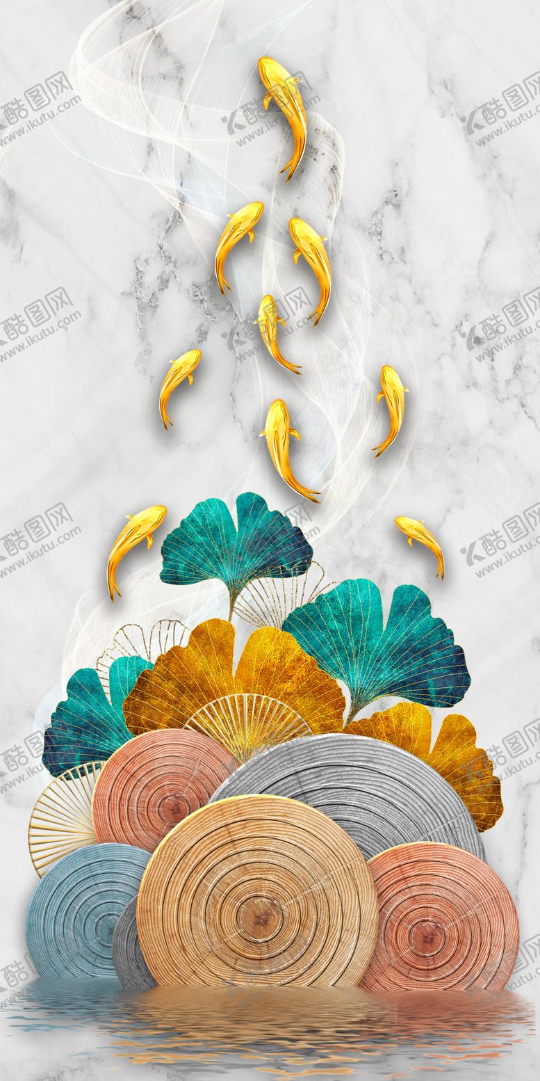 编号：51122712070420075109【酷图网】源文件下载-游鱼树叶湖畔挂画装饰画