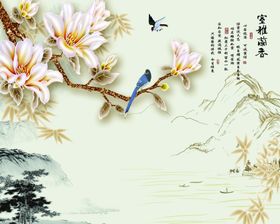 山水画小船背景墙