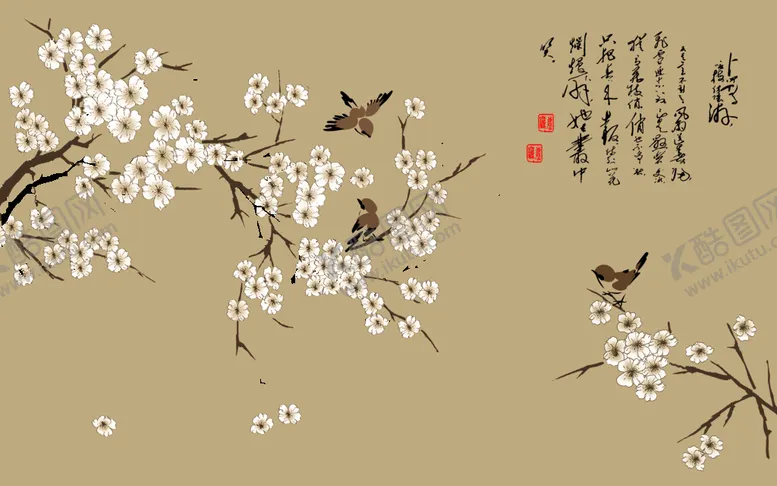 编号：56720309290100513150【酷图网】源文件下载-手绘工笔花鸟背景
