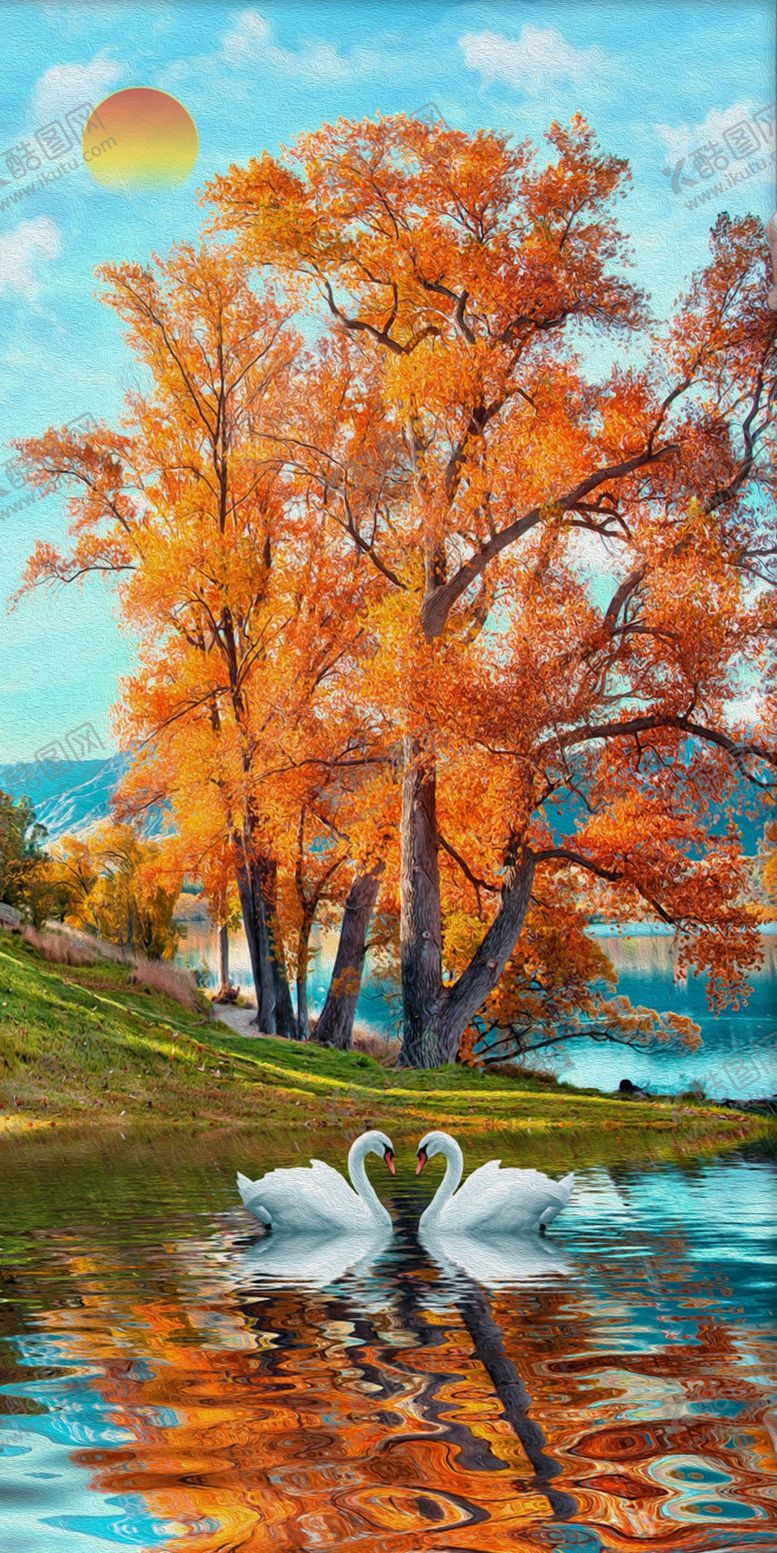 编号：10037504171904219335【酷图网】源文件下载-秋日湖畔双鹅图