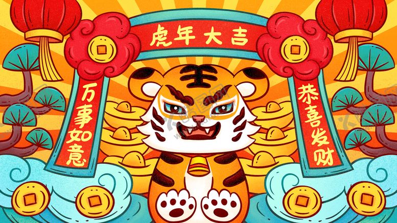 编号：31729511200924114570【酷图网】源文件下载-虎年国潮卡通插画    