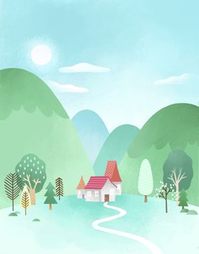 唯美浪漫树林风景小屋插画