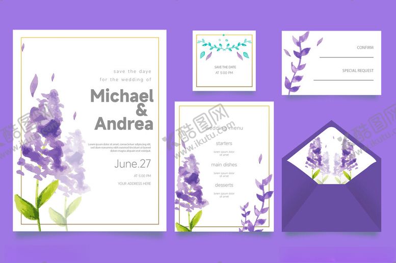 编号：14181111250103317540【酷图网】源文件下载-紫色花卉婚礼邀请函设计