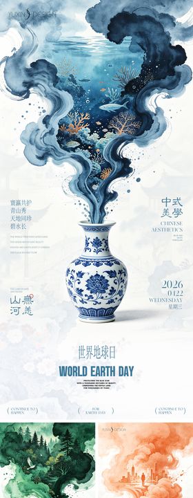 地产世界地球日青花瓷水墨中式系列稿