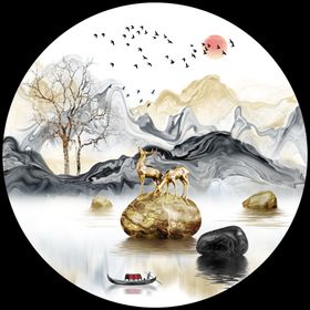 石来运转麋鹿山水装饰画