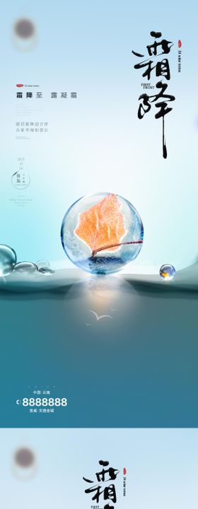 霜降节气海报二十四叶子水珠