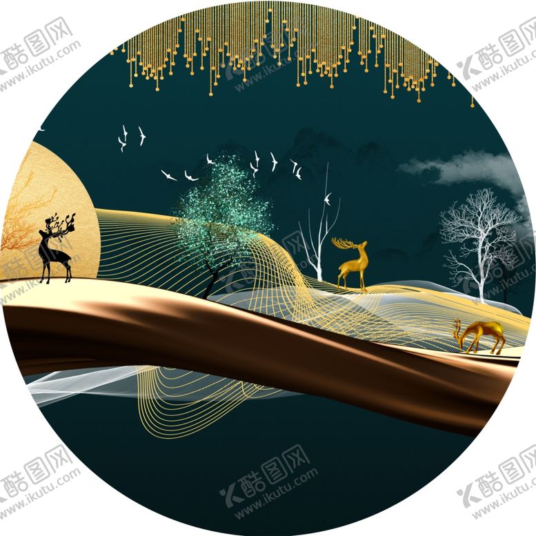 编号：66461912110526478378【酷图网】源文件下载-新中式麋鹿风景画圆形挂画装饰画