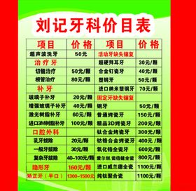 牙科价目表