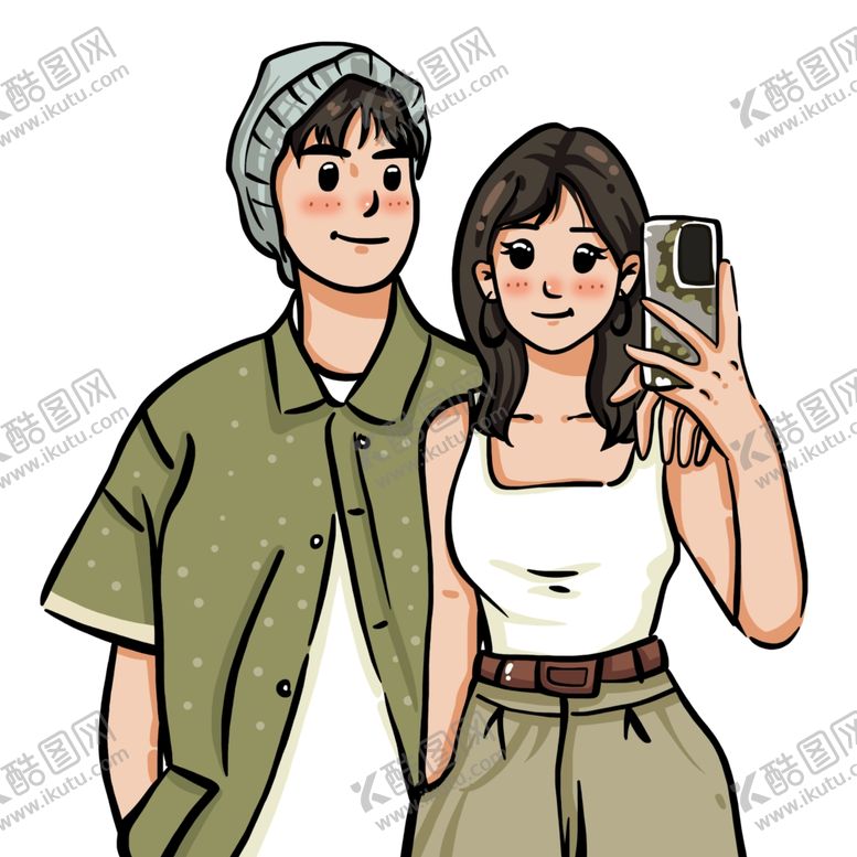 编号：85958001290034145337【酷图网】源文件下载-绿色系日系卡通手绘情侣人物原创