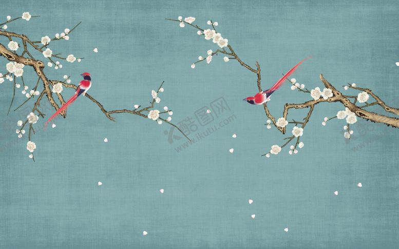 编号：18675310241219413818【酷图网】源文件下载-花鸟画梅花背景墙