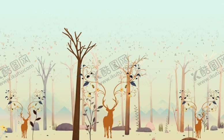 编号：59603609090736443738【酷图网】源文件下载-森林鹿电视背景墙