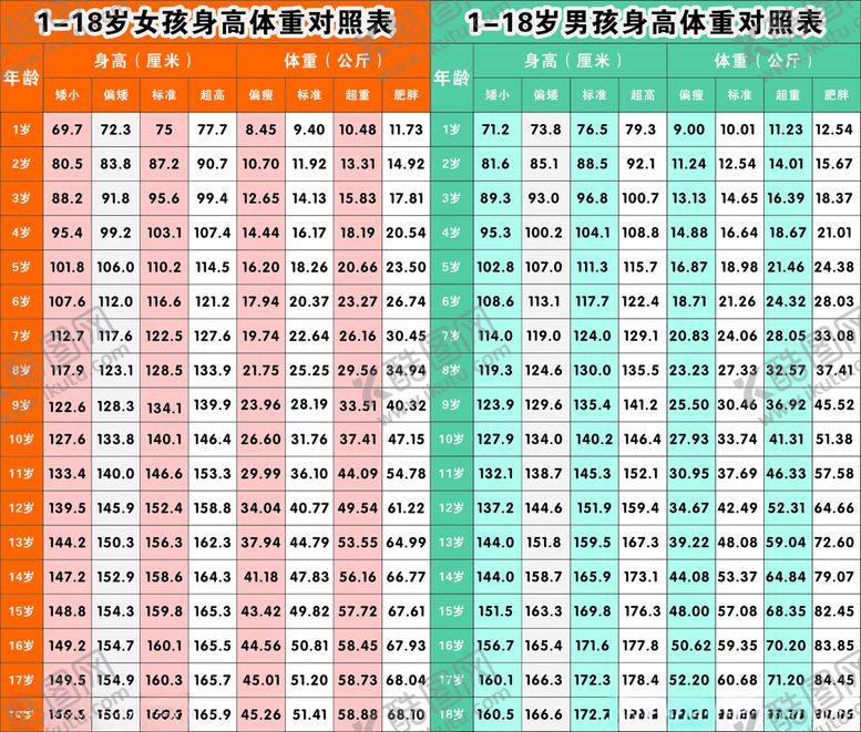 编号：14089201310741506644【酷图网】源文件下载-1至18岁男女生身高体重对照表