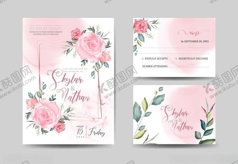 编号：55639311210028093613【酷图网】源文件下载-粉色花卉婚礼请柬设计