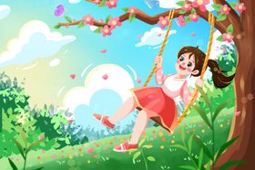 女孩与猫在春日花丛嬉戏