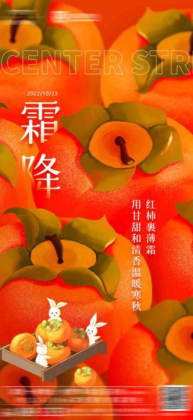 霜降节气海报插画兔子柿子二十四