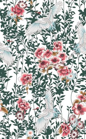 仙鹤牡丹花卉手绘印花图