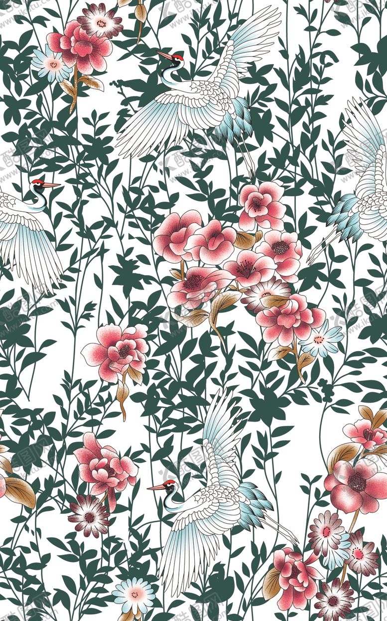 编号：59040509300126052478【酷图网】源文件下载-仙鹤牡丹花卉手绘印花图