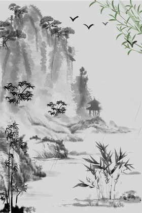 水墨画图片山水风景中国风江南烟雨色书墙绘