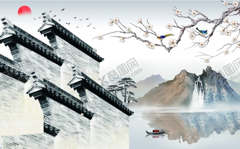 编号：93679305042356294445【酷图网】源文件下载-徽派江南中式背景墙
