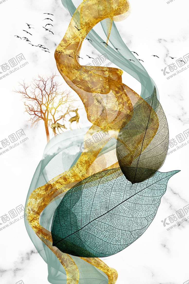 编号：07894309160311499102【酷图网】源文件下载-现代轻奢叶子装饰画