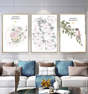 手绘美女花卉插画三联装饰画