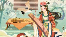 古风女子抚琴赏景图