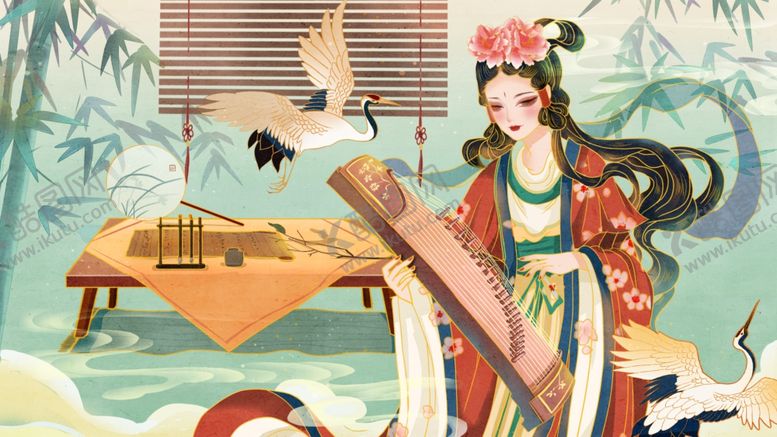 编号：40314404010107363787【酷图网】源文件下载-古风女子抚琴赏景图