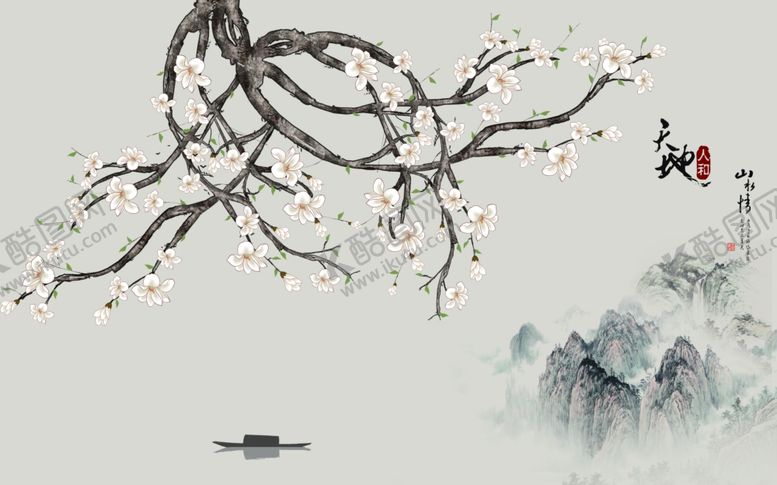 编号：53321610071938156062【酷图网】源文件下载-花鸟画玉兰背景墙