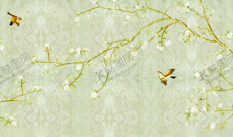 编号：38885206170726122481【酷图网】源文件下载-花鸟画飞鸟背景墙