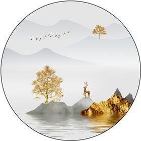 金色麋鹿意境山水装饰画抽象线条发财客厅三联