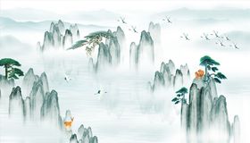 山水画瀑布松树鹤背景墙