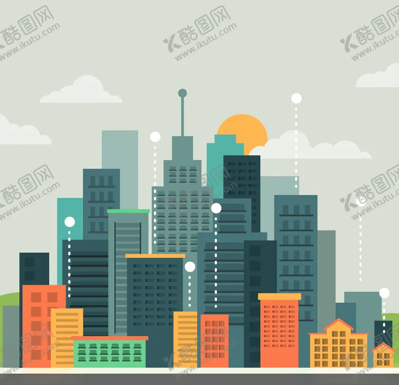 编号：67966504260734043558【酷图网】源文件下载-插画城市建筑群日落路